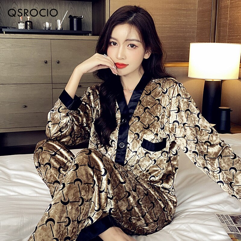 QSROCIO High Quality Women's Pajamas Set Velvet Sleepwear Moon Print Casual Homewear Men Nightwear Luxury Couple Pyjamas Femme