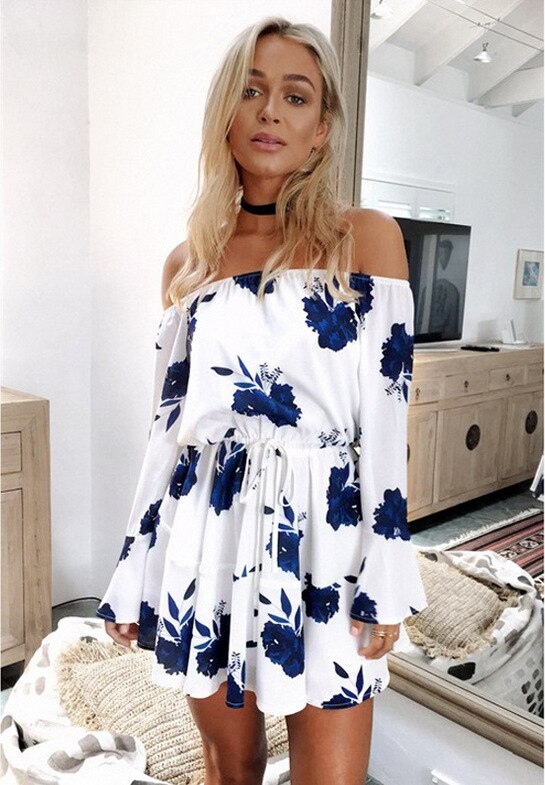 One-shoulder Off-the-shoulder Sexy Backless Streetwear Summer Women Short Dress Flower Print Large Hem Ladies Short Prom Dresses