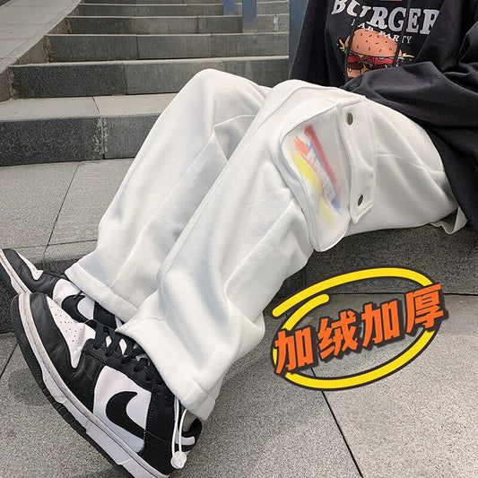 LINHUA Men's Fashion Fleece Wide Leg Pants Streetwear Hip-hop Casual Sweatpants Print Pocket Cargo Pants Men Drawstring Trousers