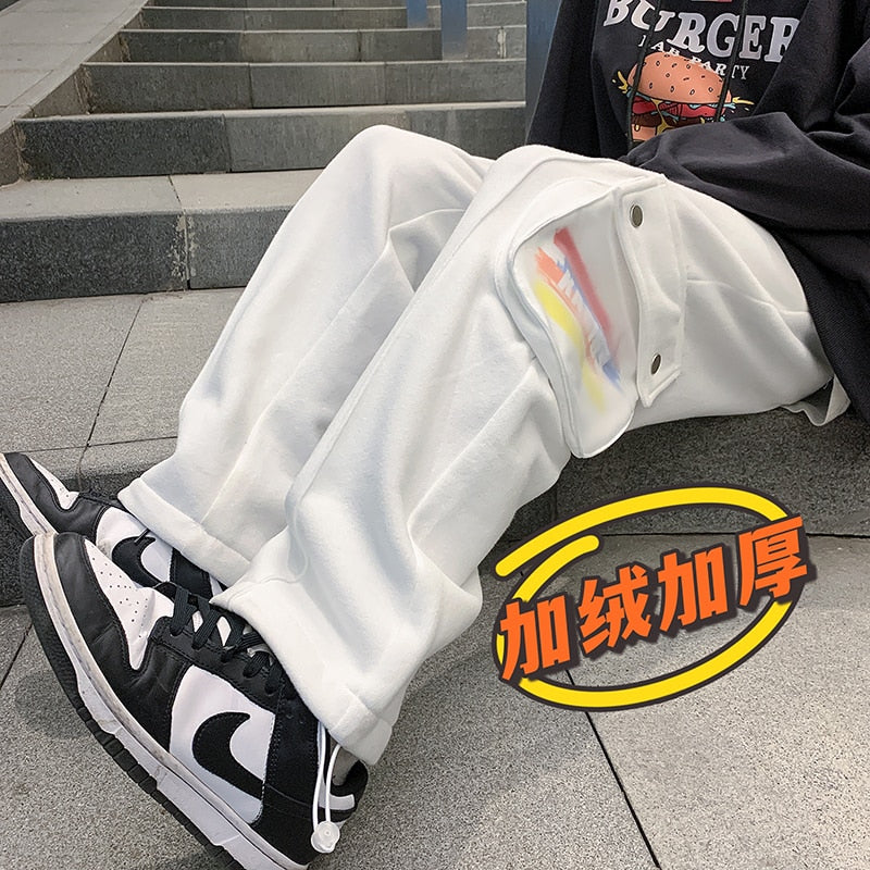 LINHUA Men's Fashion Fleece Wide Leg Pants Streetwear Hip-hop Casual Sweatpants Print Pocket Cargo Pants Men Drawstring Trousers