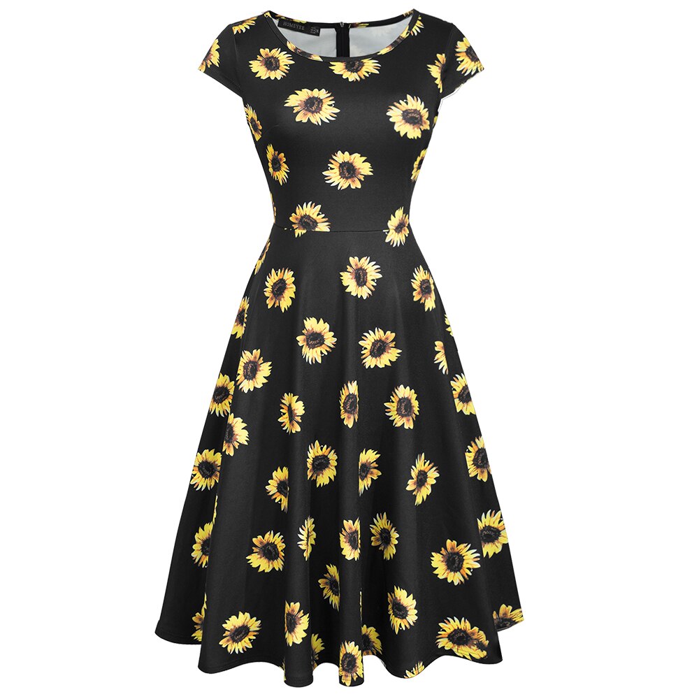 Nice-forever Retro 1950's Floral and Gird Printed O Neck vestidos  A-Line Female Flare Party Women Summer Dress btyA009