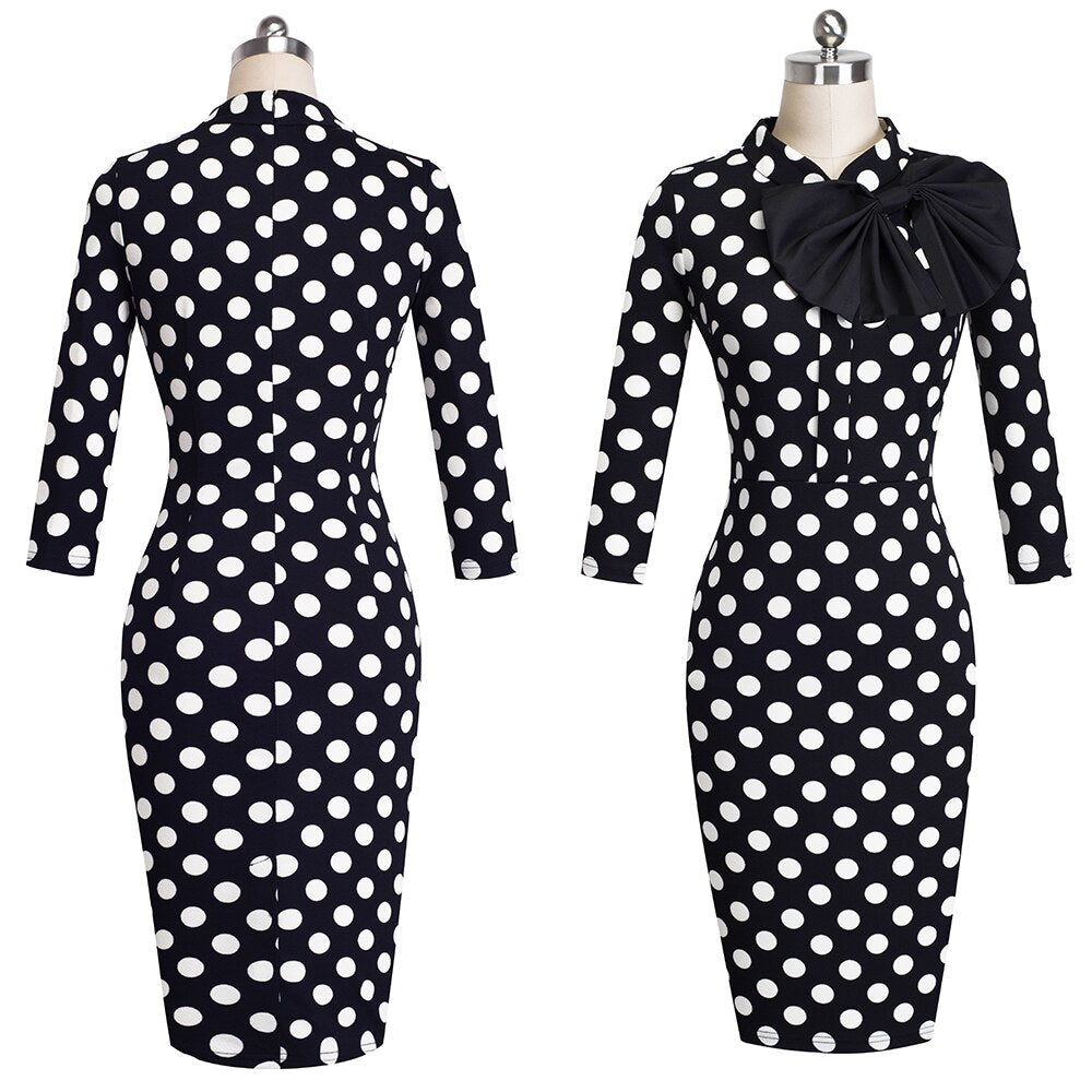 Nice-forever Spring Women Vintage Polka Dots with Bow Dresses Office Business Bodycon Sheath Dress B244
