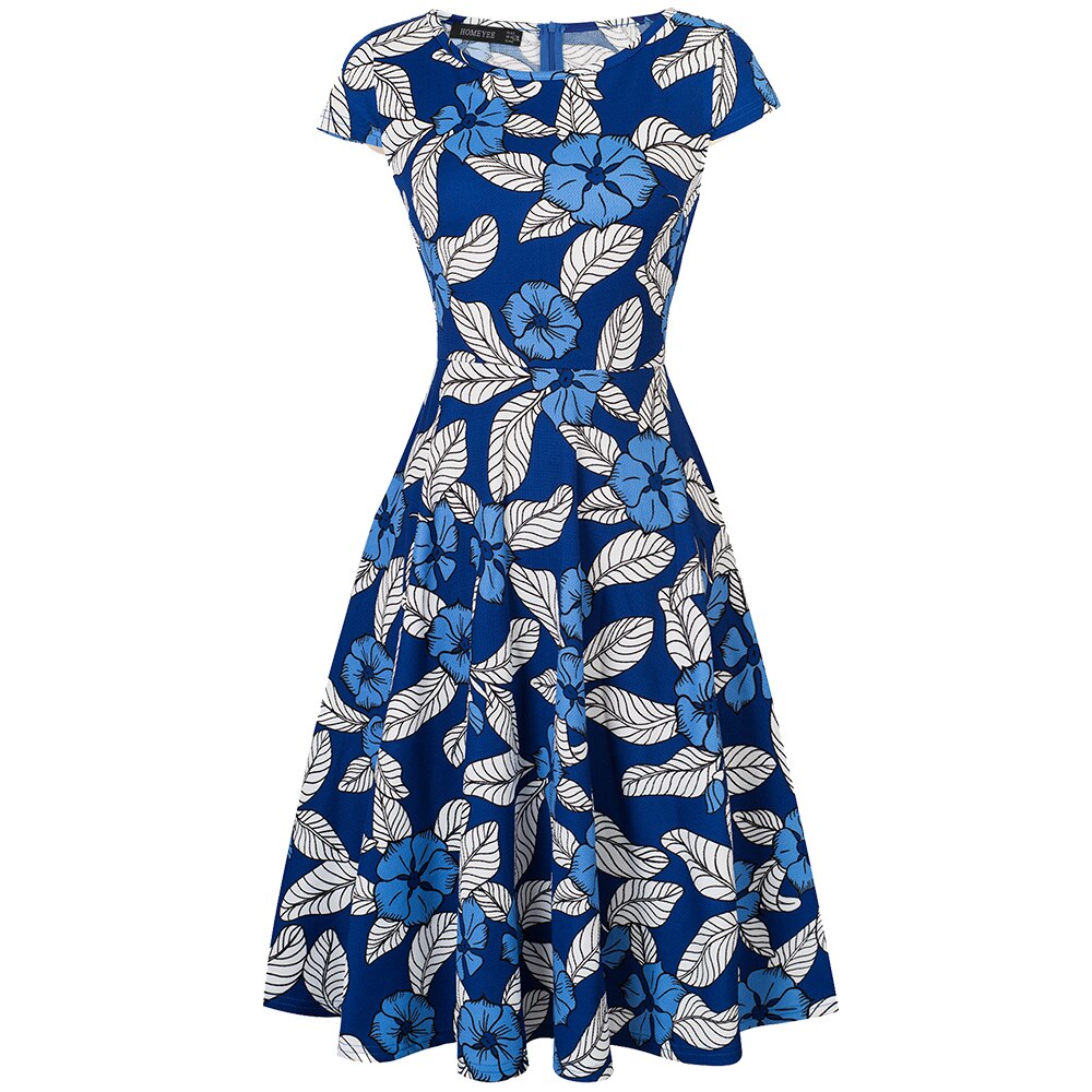 Nice-forever Retro 1950's Floral and Gird Printed O Neck vestidos  A-Line Female Flare Party Women Summer Dress btyA009