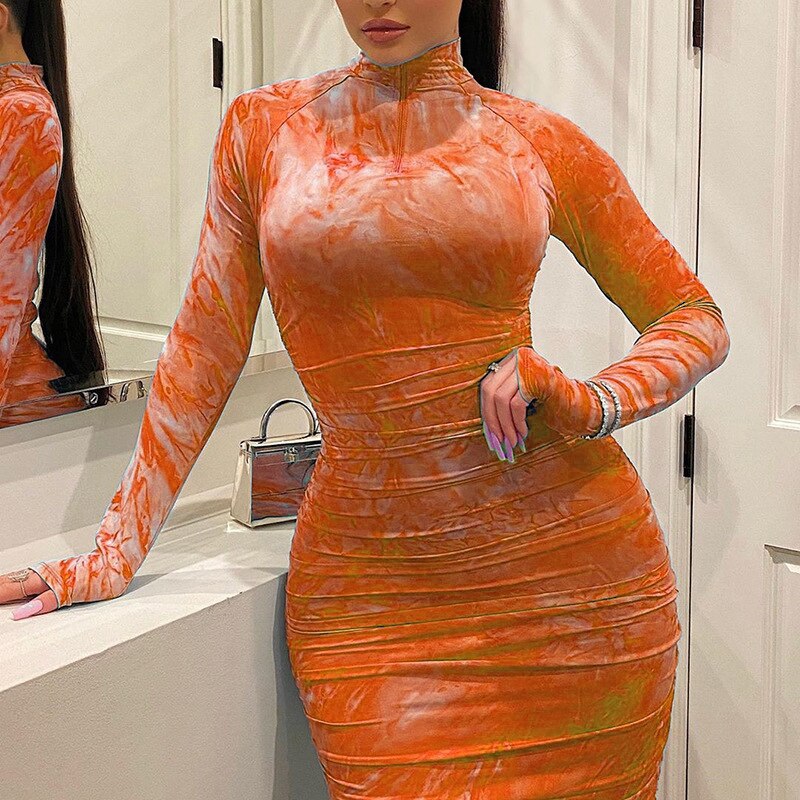Pleated O-neck Zipper Tie-dye Printing Summer Woman Dress Street Wear Pencil Slim Full Sleeves Plus Size Fashion Ladies Dresses