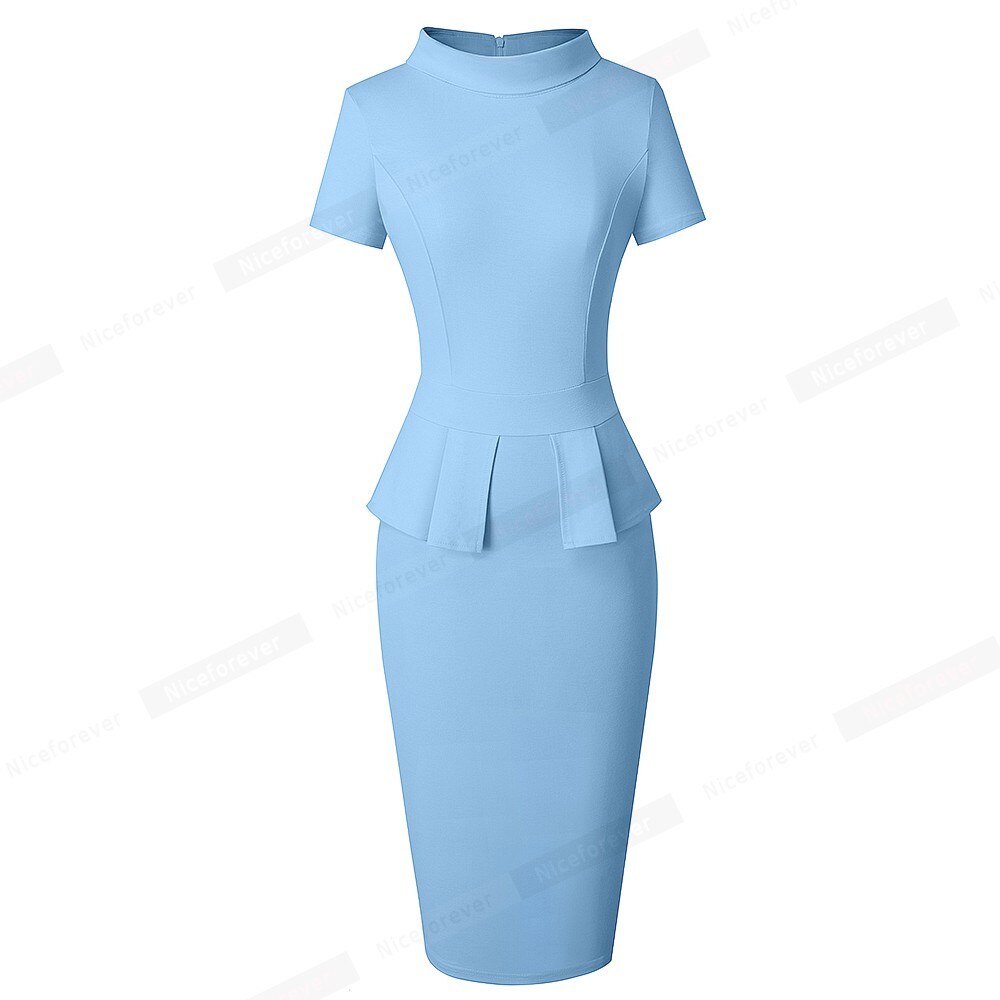 Nice-forever Spring Women Classy Work Business Plain Dresses Formal Office Elegant Bodycon Slim Dress btyB590