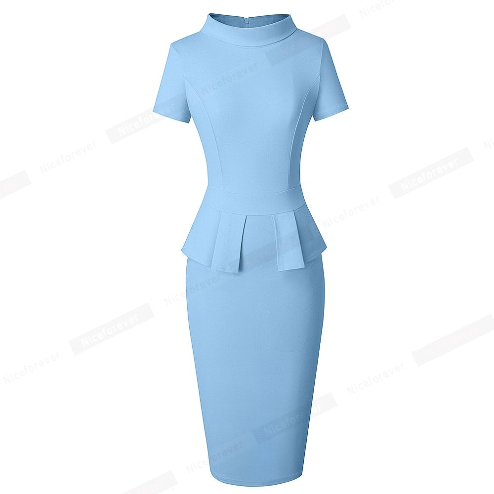 Nice-forever Spring Women Classy Work Business Plain Dresses Formal Office Elegant Bodycon Slim Dress btyB590