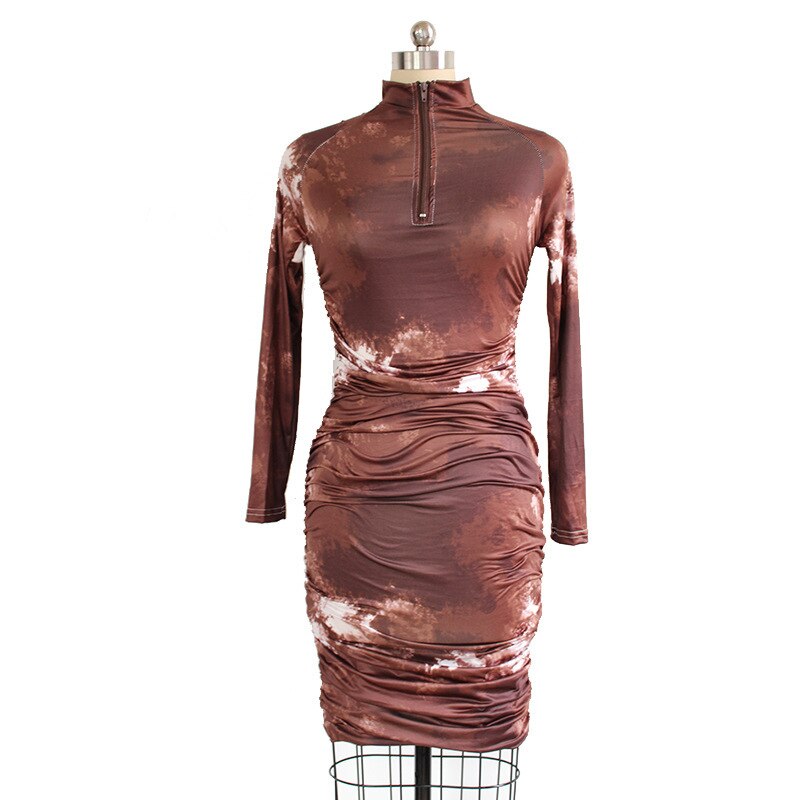 Pleated O-neck Zipper Tie-dye Printing Summer Woman Dress Street Wear Pencil Slim Full Sleeves Plus Size Fashion Ladies Dresses