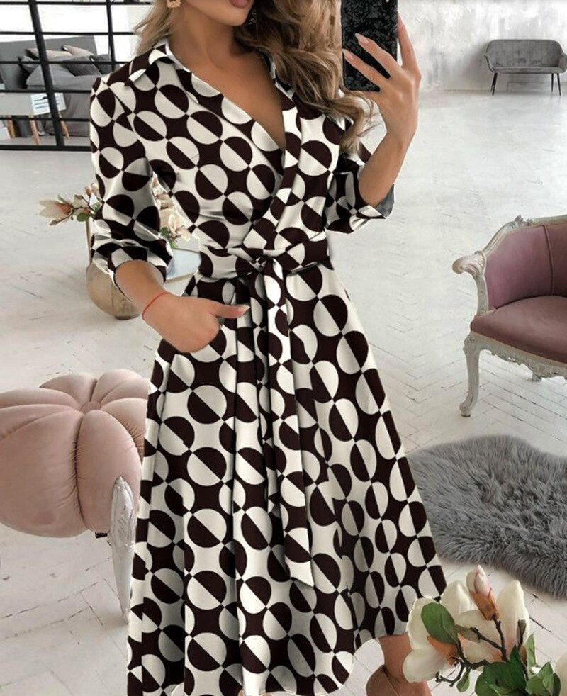 Office Lady Large Size Bridesmaid Dress 2021 Vestido Feminino Long Sleeve Autumn Lapel V-neck Print Solid Womens Formal Dresses
