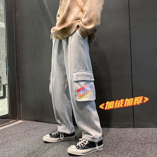 LINHUA Men's Fashion Fleece Wide Leg Pants Streetwear Hip-hop Casual Sweatpants Print Pocket Cargo Pants Men Drawstring Trousers