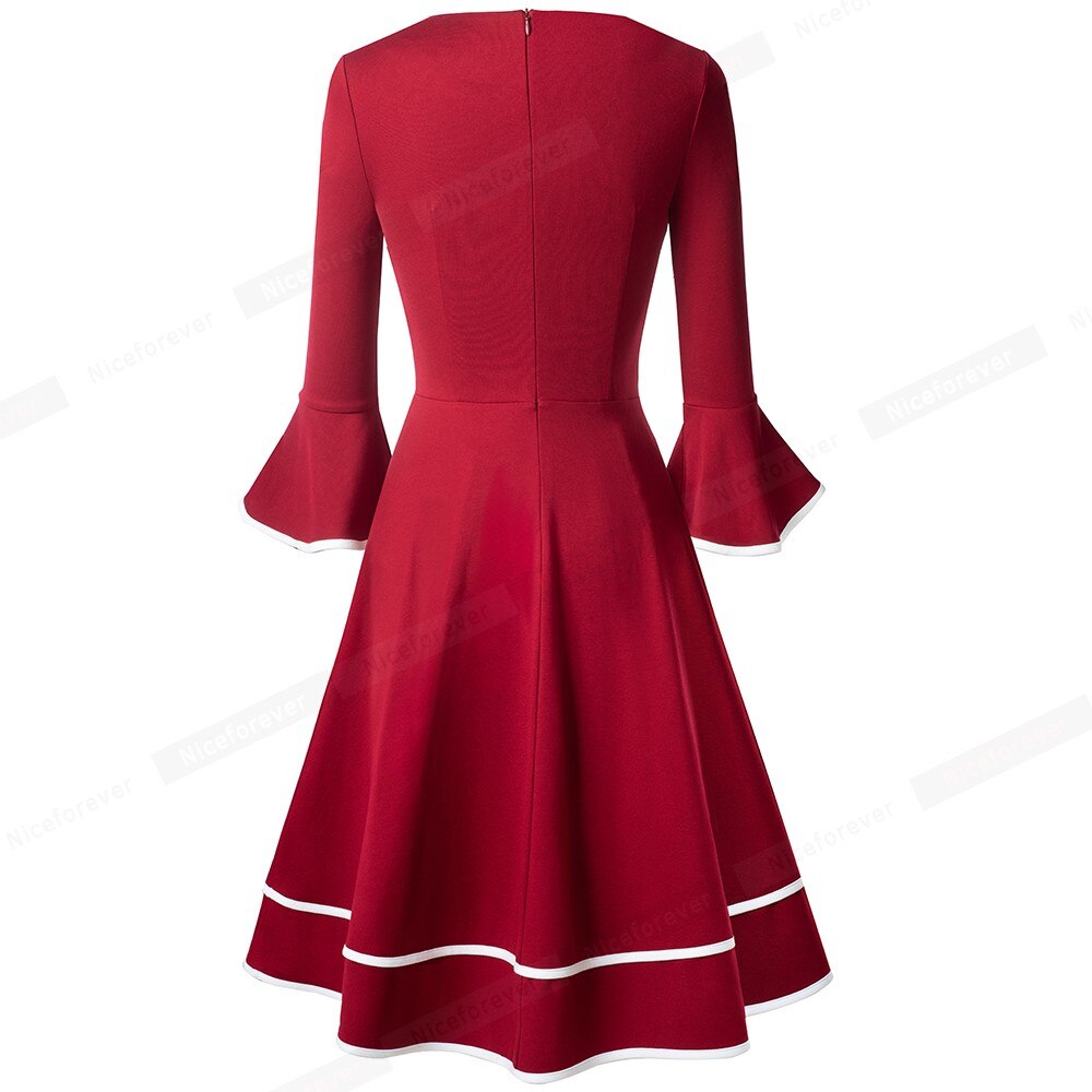 Nice-forever Autumn Solid Color with Flare Sleeve Retro A-Line Dresses Christmas Party Swing Women Dress A233