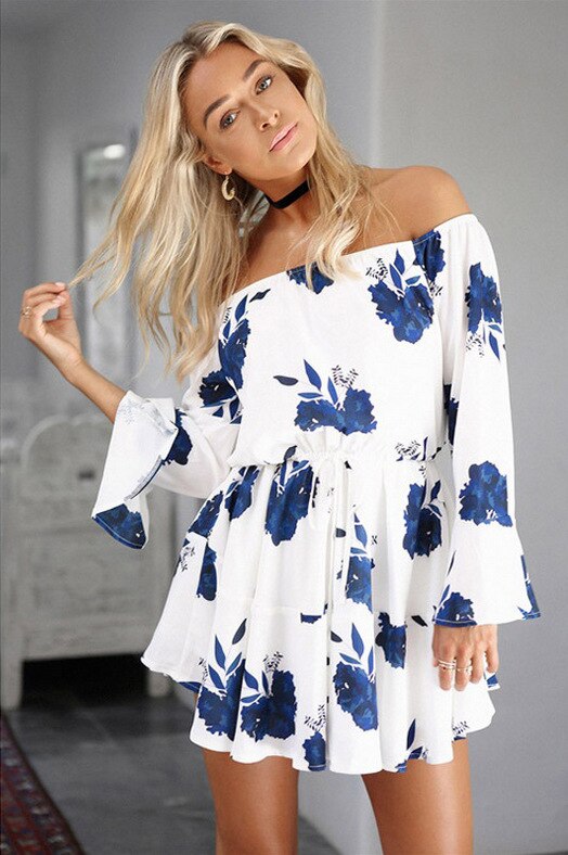 One-shoulder Off-the-shoulder Sexy Backless Streetwear Summer Women Short Dress Flower Print Large Hem Ladies Short Prom Dresses