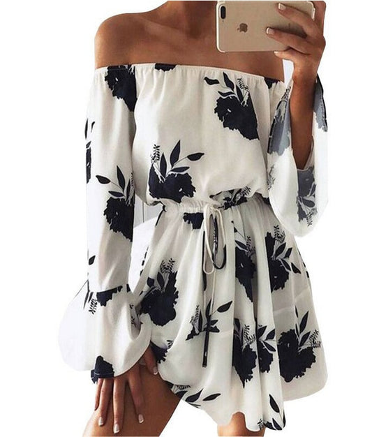 One-shoulder Off-the-shoulder Sexy Backless Streetwear Summer Women Short Dress Flower Print Large Hem Ladies Short Prom Dresses