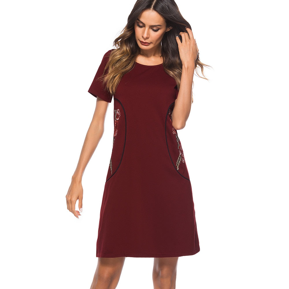 Nice-forever Causal Rockabilly Round Neck Embroidery vestidos Short Sleeve Work Women Straight Shift Dress T034