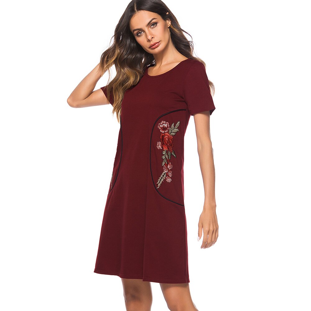 Nice-forever Causal Rockabilly Round Neck Embroidery vestidos Short Sleeve Work Women Straight Shift Dress T034