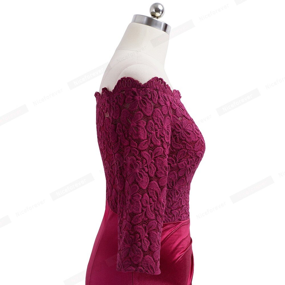 Nice-forever Elegant Embroidery Floral Lace with  Side-Draped Gown Party Celebrity Vintage Lone Maxi Women Dress BTYA029
