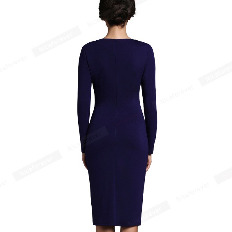Nice-forever Autumn Women Fashion Contrast Color Patchwork Elegan Office Dresses Business Sheath Slim Dress B353