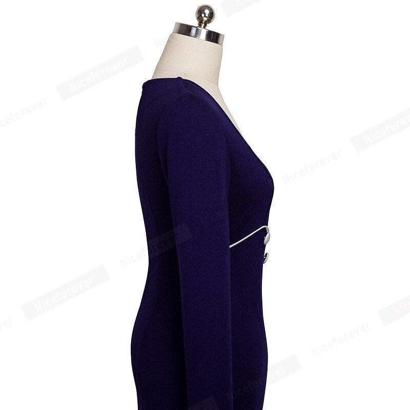 Nice-forever Autumn Women Fashion Contrast Color Patchwork Elegan Office Dresses Business Sheath Slim Dress B353