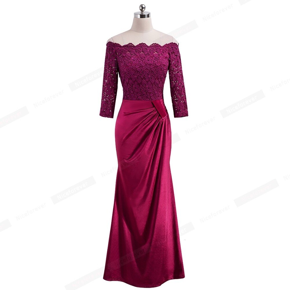 Nice-forever Elegant Embroidery Floral Lace with  Side-Draped Gown Party Celebrity Vintage Lone Maxi Women Dress BTYA029