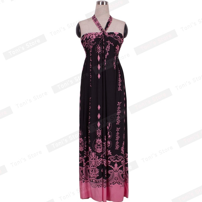 Nice-forever Summer Women Bohemian Beach Printed Dresses Casual Maxi Long Dress bty55a
