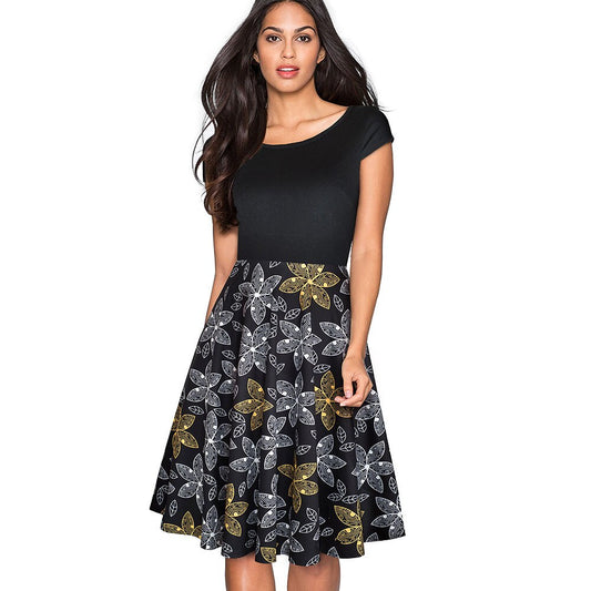 Nice-forever Retro 1950's Floral and Gird Printed O Neck vestidos  A-Line Female Flare Party Women Summer Dress btyA009