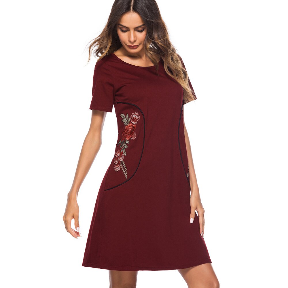 Nice-forever Causal Rockabilly Round Neck Embroidery vestidos Short Sleeve Work Women Straight Shift Dress T034
