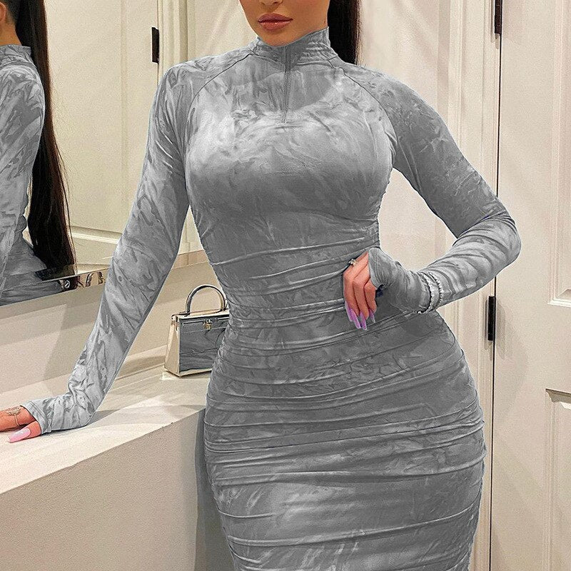 Pleated O-neck Zipper Tie-dye Printing Summer Woman Dress Street Wear Pencil Slim Full Sleeves Plus Size Fashion Ladies Dresses