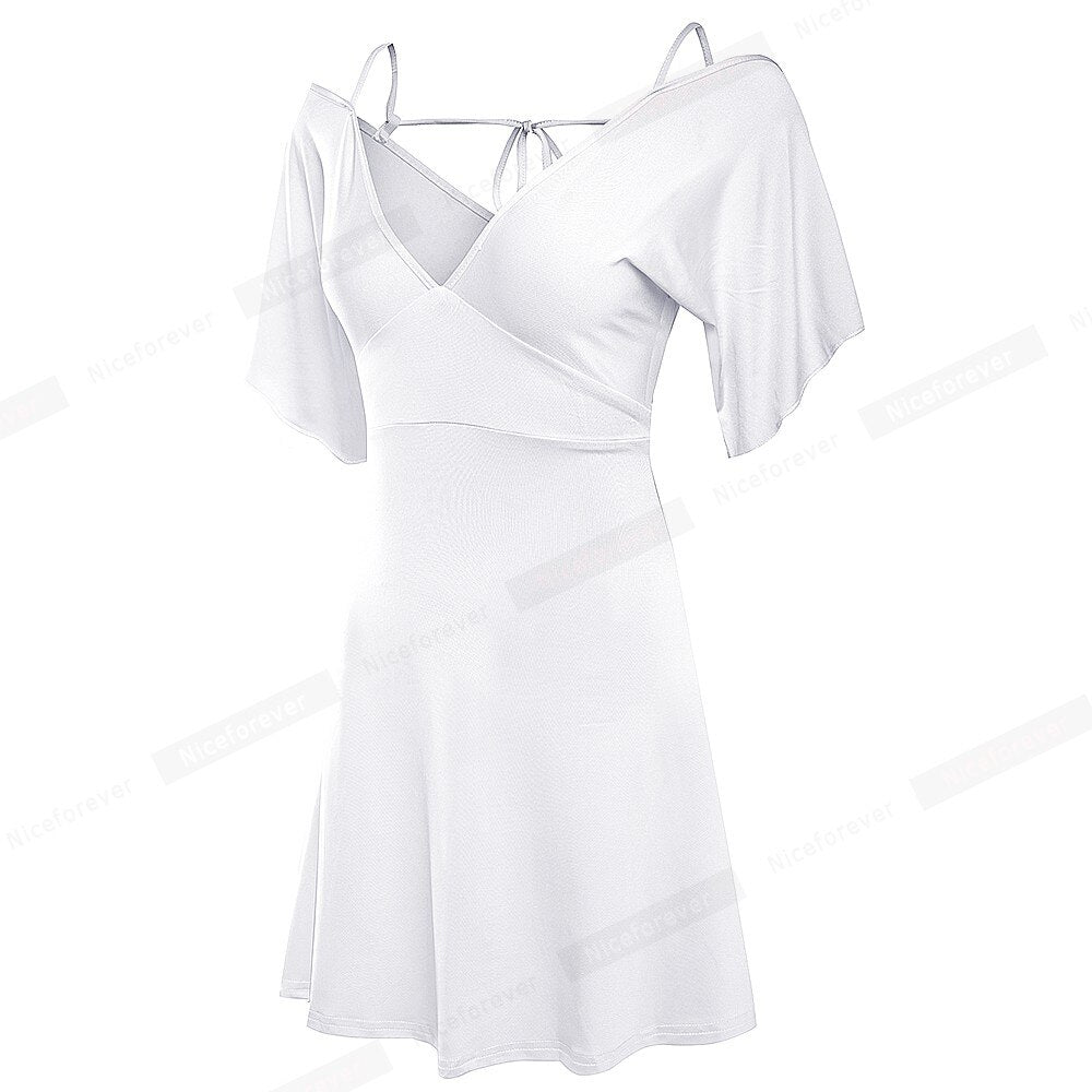 Nice-forever Summer Women Sexy Backless Solid Color Shortest Dresses Club Party A-Line Dress bty106