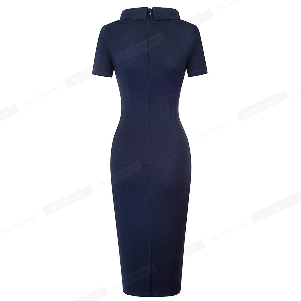 Nice-forever Spring Women Classy Work Business Plain Dresses Formal Office Elegant Bodycon Slim Dress btyB590