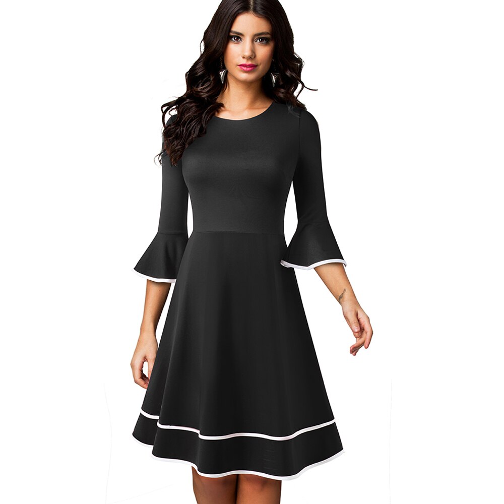 Nice-forever Autumn Solid Color with Flare Sleeve Retro A-Line Dresses Christmas Party Swing Women Dress A233