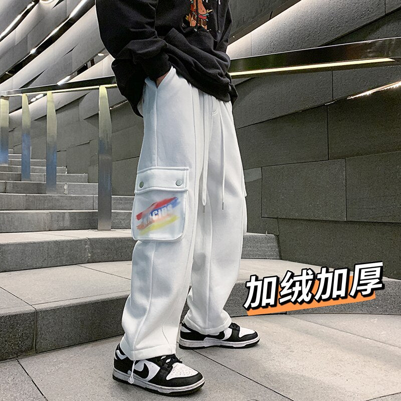 LINHUA Men's Fashion Fleece Wide Leg Pants Streetwear Hip-hop Casual Sweatpants Print Pocket Cargo Pants Men Drawstring Trousers