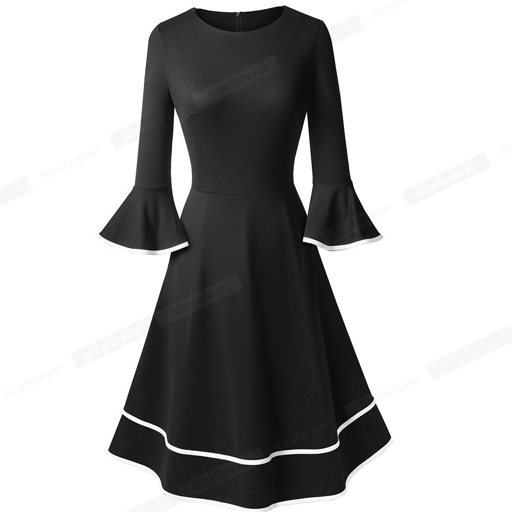 Nice-forever Autumn Solid Color with Flare Sleeve Retro A-Line Dresses Christmas Party Swing Women Dress A233