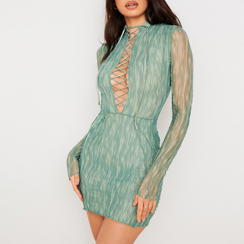 Cut Out Sexy Print Mesh Women's Mini Dress Club Hollow Out Lace Up Slim Club Party Prom Night Bodycon Pencil Women Short Dresses