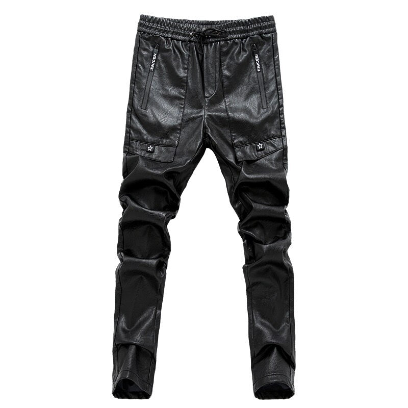Hot 2023 new men's pu leather straight pants motorcycle casual skinny trousers Black size 28-36 A106