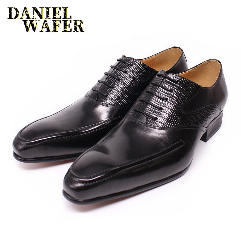 Men's Oxfords Genuine Leather Shoes Handmade Prints Lace Up Pointed Toe Brown Black Men Dress Shoes Wedding Office Formal Shoes