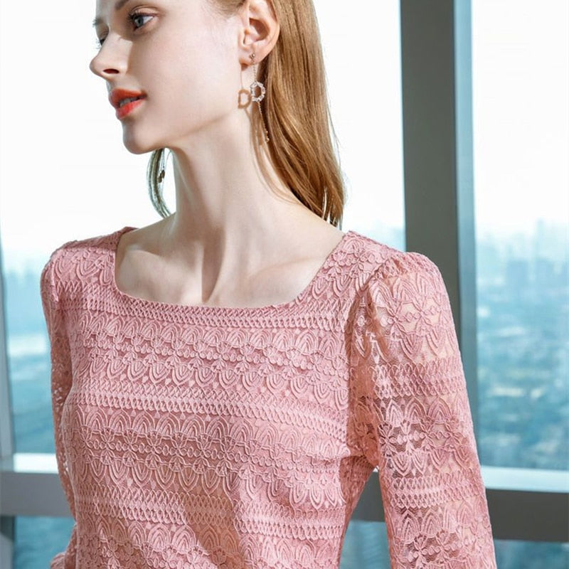 Sweet Elegant Casual Lace Clothes for Woman 2023 Summer Autumn Hollow-out Temperament Slim Top T-shirt and Blouses Basics Fairy
