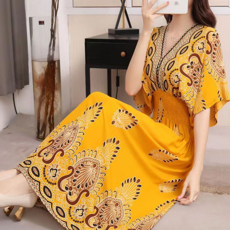 Casual Elegant Retro Style V-neck Tunic Large Swing Printed Dress Long Skirt