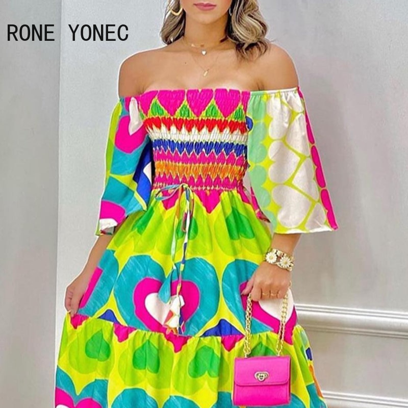 Women Dress 2023 Valentine's Day Heart Print Off Shoulder Maxi Dress Vacation Dresses