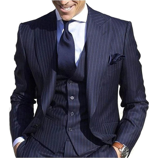 Men's Pinstripe Suit Slim Fit Stripe 3 Piece Suits Peaked Lapel Formal Wedding Business Suit Jacket Vest Pants Sets