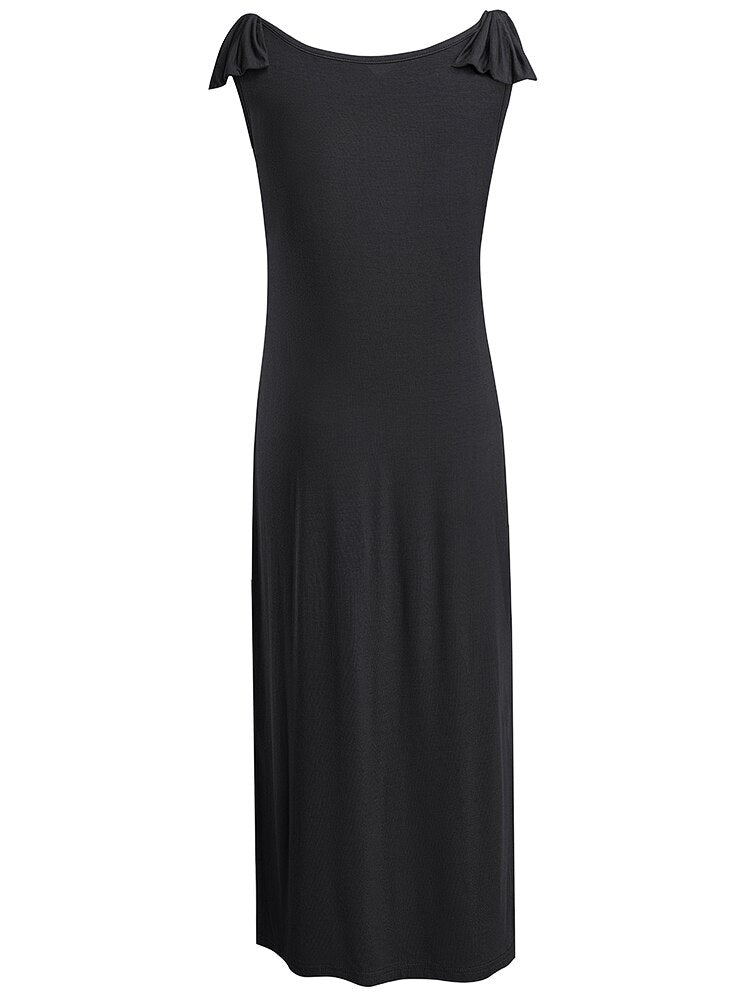 Nice-forever Summer Women Simplicity Solid Color Midi Dresses Casual Beach Straight Dress B661