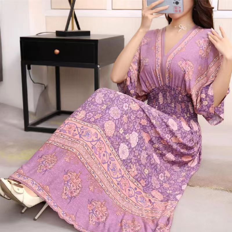 Casual Elegant Retro Style V-neck Tunic Large Swing Printed Dress Long Skirt