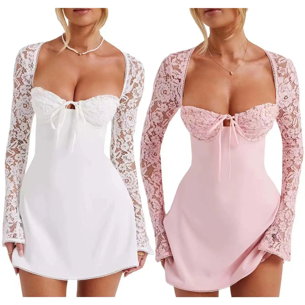 2024 European and American Fashion Women New Sexy Lace Lace Trimmed Slim Fit Backless French Long Sleeved Dress