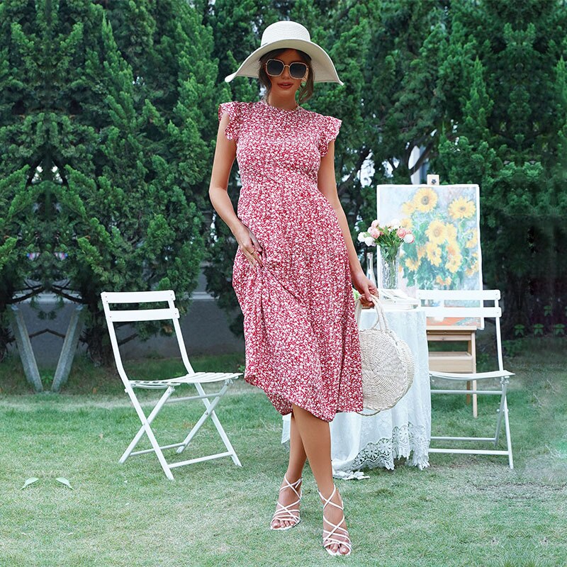 Summer Floral Midi Dress Women Sexy Ruffle Big Hem Short Sleeve Holiday Beach Dress Casual Elegant Red Long Party Dresses 2022