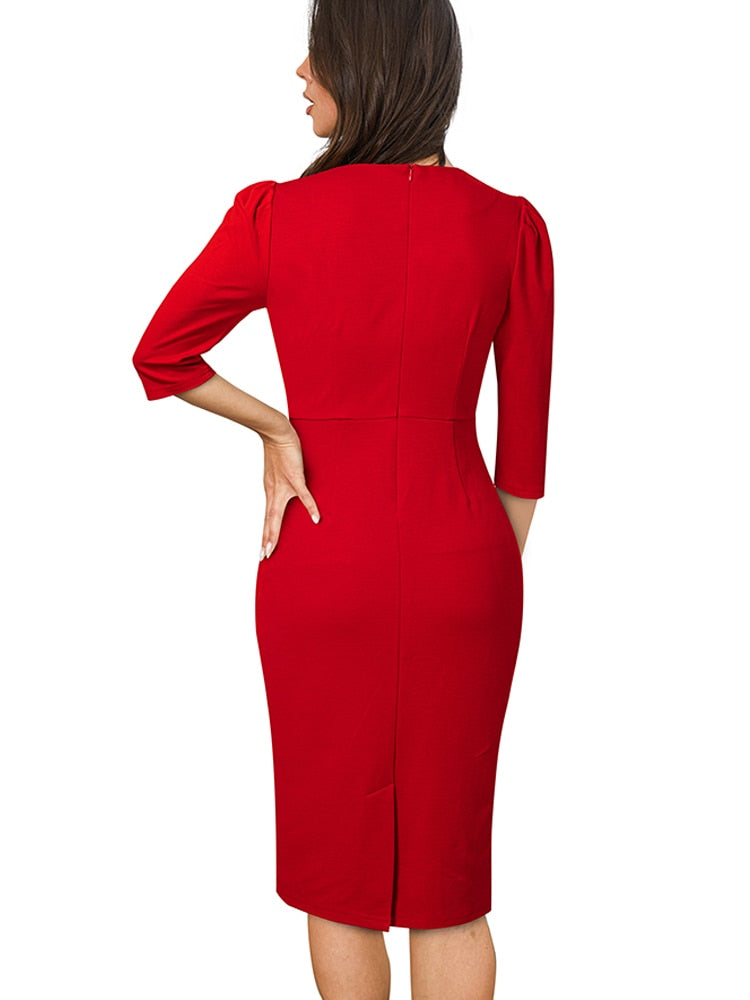Nice-Forever Autumn Women Classy V Neck Plain Dresses Formal Business Party Elegant Bodycon Slim Dress B742