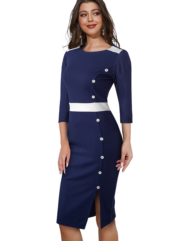 Nice-Forever Autumn Women Classy Contrast Color Patchwork Office Dresses Formal Business Elegant Bodycon Dress B746