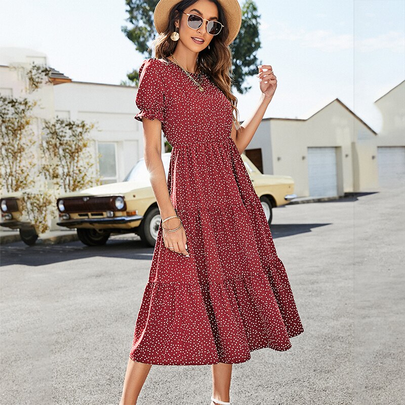 Puff Short Sleeve Dress Women Summer Casual Polka Dot Print Ruffle Big Hem Beach Long Dress Elegant Red Midi Party Dresses 2022