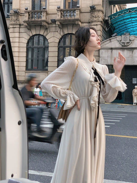 Autumn New Women Elegant Midi Retro French Style A Line Ruffles Dress Female Vestdios Vintage Fashion Party Prom Clothes