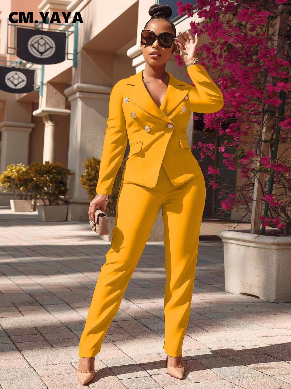 CM.YAYA Autumn Winter Women's Set Long Sleeve Blazer and Pants Suit Office Lady Tracksuit Two 2 Piece Set Elegant INS Outfits