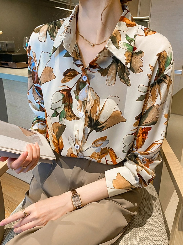 New Autumn Women Elegant Print Casual Blouses Long Sleeve Lapel Fashion Vintage Streetwear Shirts Tops Chic Female Clothes