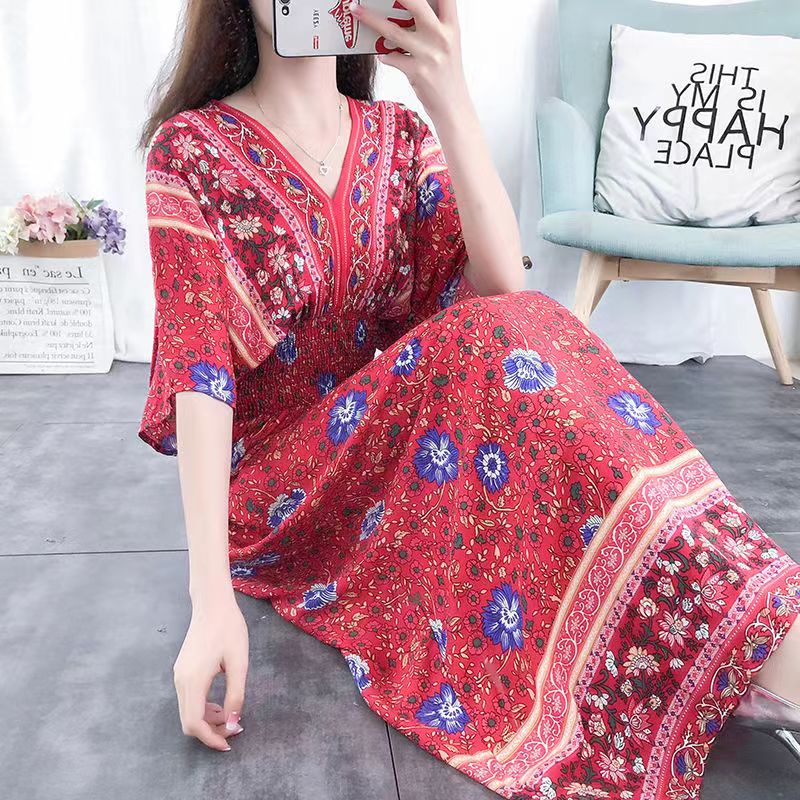 Casual Elegant Retro Style V-neck Tunic Large Swing Printed Dress Long Skirt