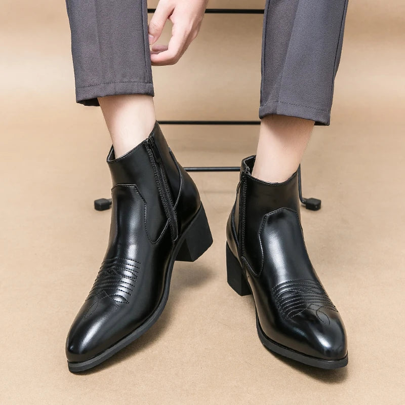 Men's Chelsea Boots Luxury Western Style Men Ankle Boots Slip-On Fashion Horse Boots Retro Winter Cowboy Boots Dress Boots ZIP